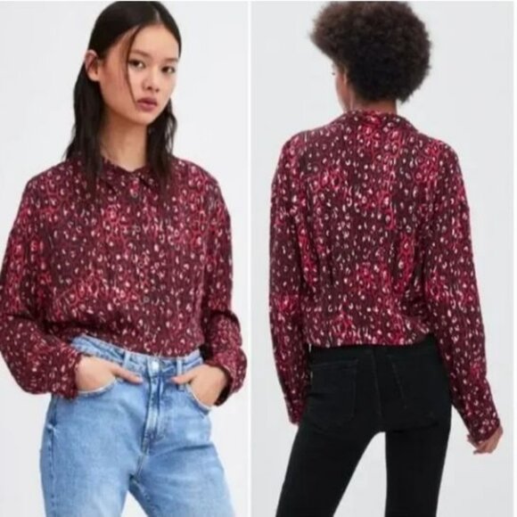 Zara TRF Red Pink Leopard Print Cropped Blouse S Viscose Size Small - Picture 2 of 9